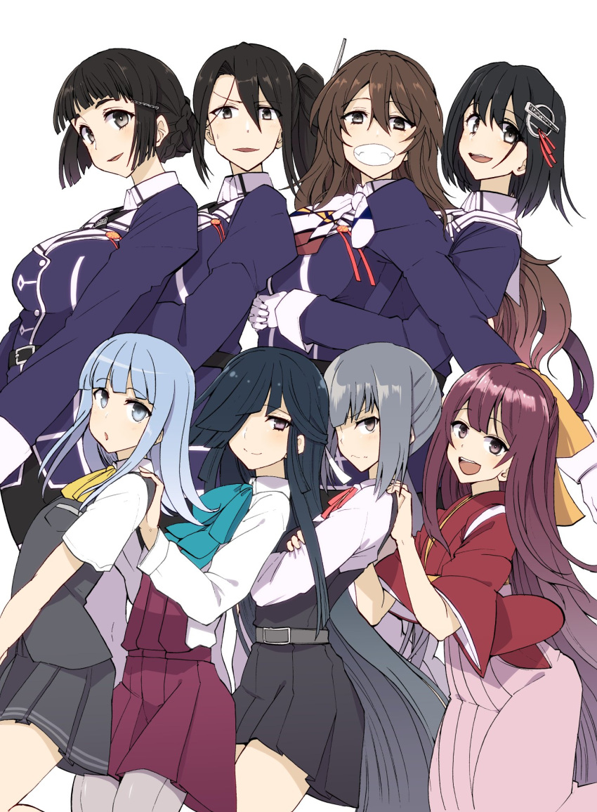 6+girls, :d, ascot, ashigara_(kantai_collection), bangs, belt, black_hair, black_skirt