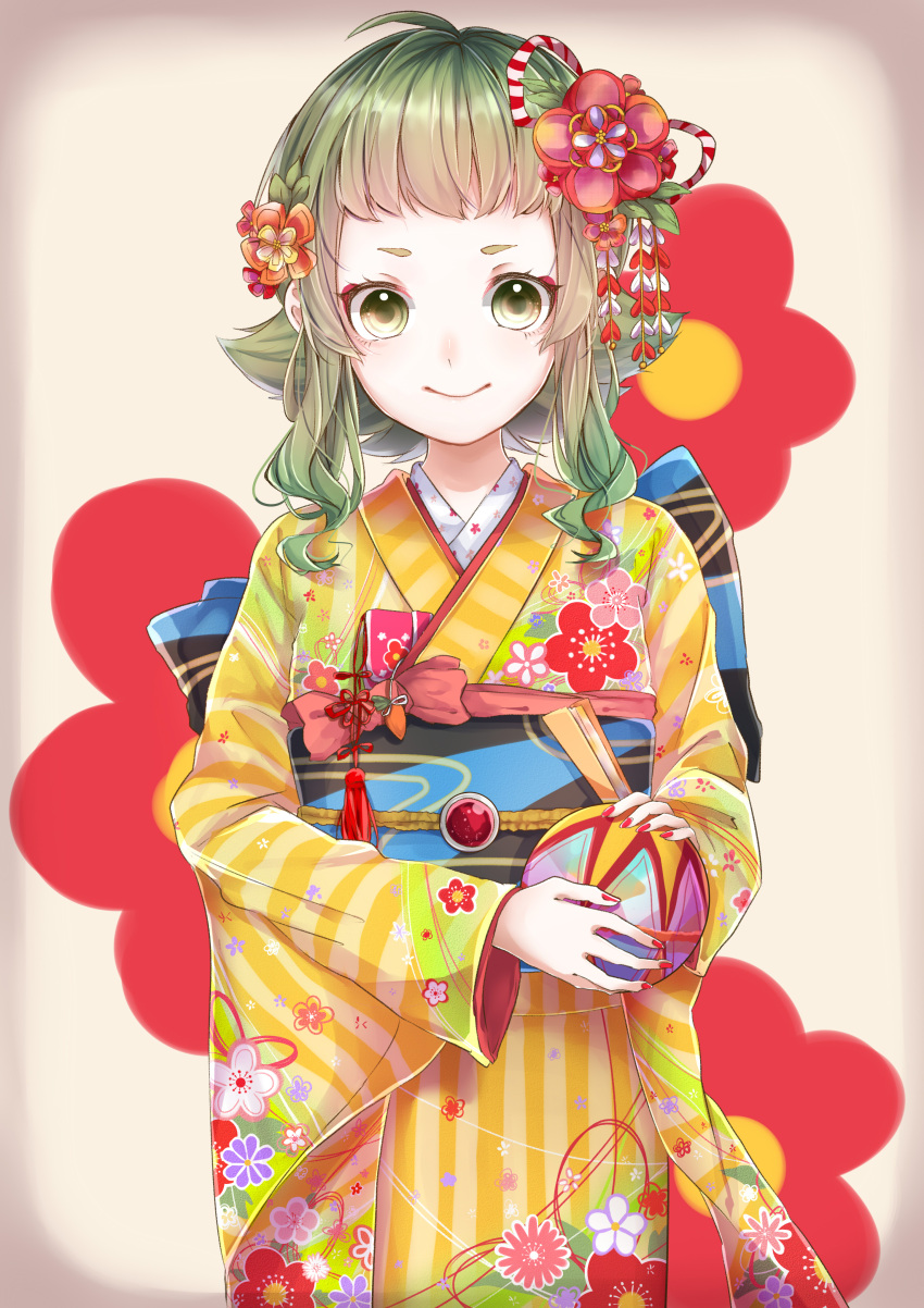 1girl, absurdres, ahoge, ball, bangs, bow, commentary_request, floral_background