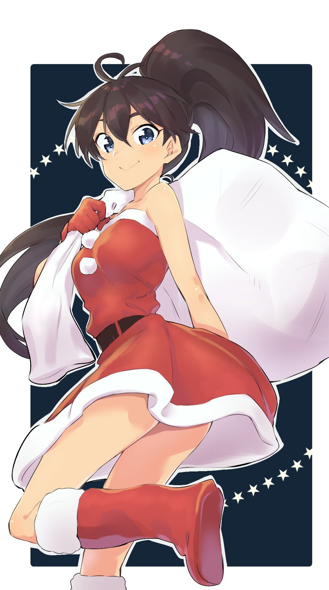 1girl, alternate_costume, antenna_hair, bare_shoulders, belt, black_hair, blue_eyes, boots