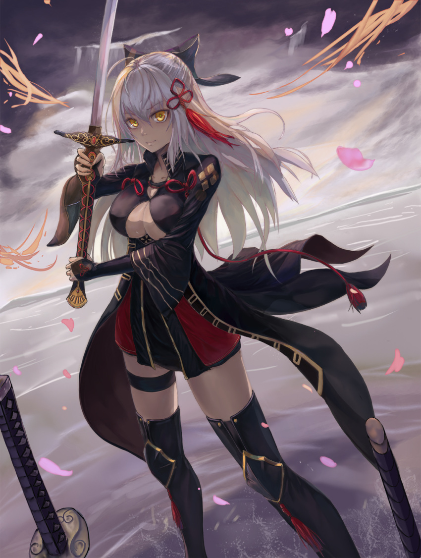 1girl, black_bow, black_legwear, bow, breasts, cherry_blossoms, cleavage, clouds