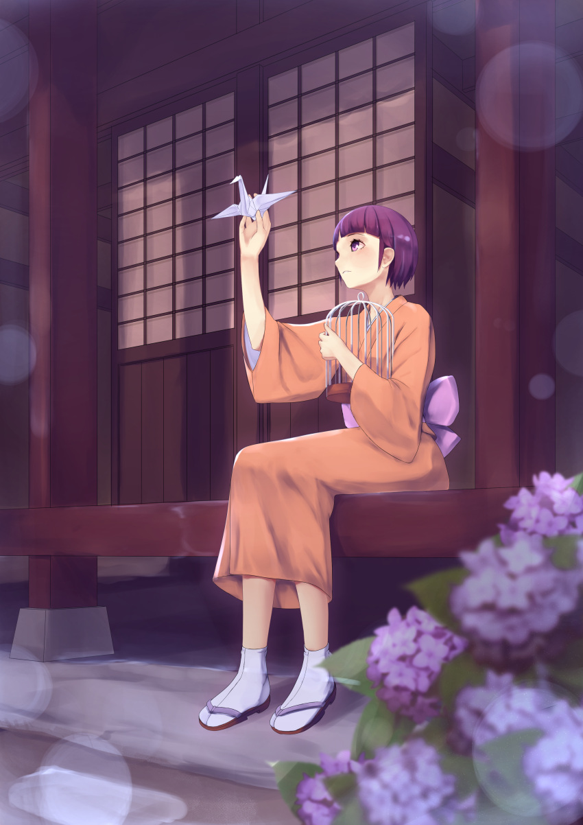1girl, absurdres, arm_up, bangs, birdcage, blunt_bangs, blurry, cage, depth_of_field, flower, highres, holding, hydrangea, japanese_clothes, kimono, obi, orange_kimono, origami, original, paper_crane, parted_lips, profile, purple_hair, rain, sash, semimegami, short_hair, shouji, sidelocks, sitting, sliding_doors, solo, tabi, veranda, violet_eyes, water_drop, wide_sleeves, zouri