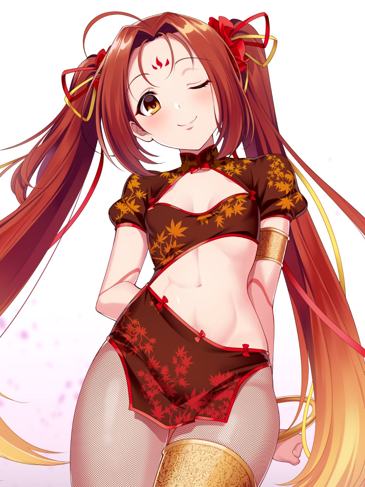 1girl, ahoge, arms_behind_back, breasts, brown_eyes, brown_hair, china_dress, chinese_clothes
