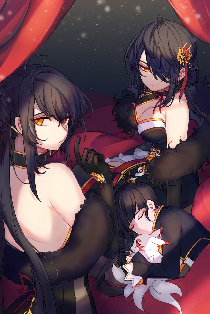 3girls, ahoge, ara_han, asymmetrical_clothes, bangs, bare_shoulders, black_dress, black_gloves