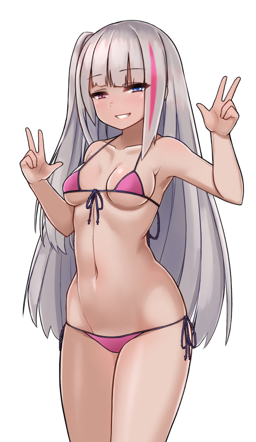 1girl, armpits, bangs, bare_arms, bare_shoulders, bikini, blue_eyes, blush