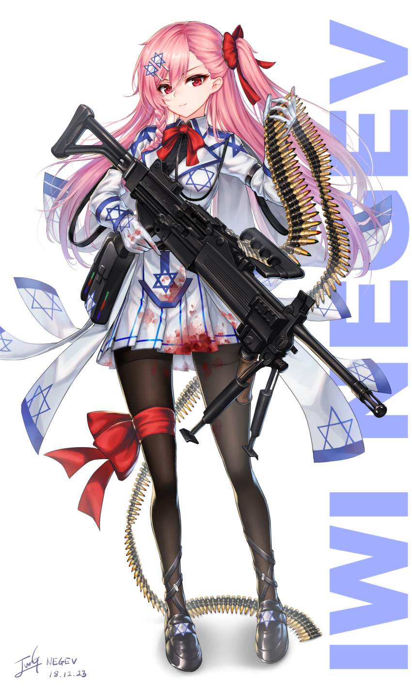 1girl, ammunition_belt, ankle_strap, arm_strap, baek_hyang, bangs, black_footwear, black_legwear