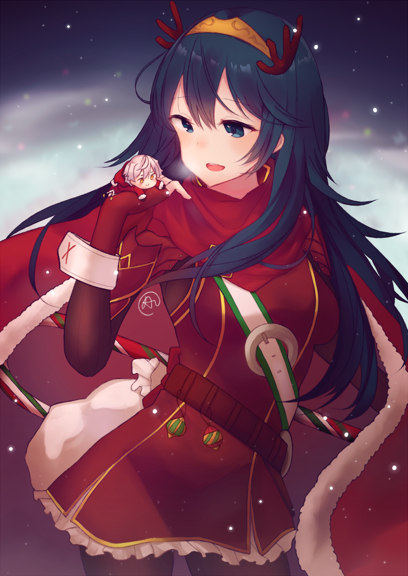 1boy, 1girl, aftergardens, blue_eyes, blue_hair, blush, chibi, christmas, dress, fire_emblem, fire_emblem:_kakusei, fire_emblem_heroes, gloves, hat, long_hair, lucina, male_my_unit_(fire_emblem:_kakusei), my_unit_(fire_emblem:_kakusei), nintendo, pantyhose, robe, santa_costume, short_hair, simple_background, smile