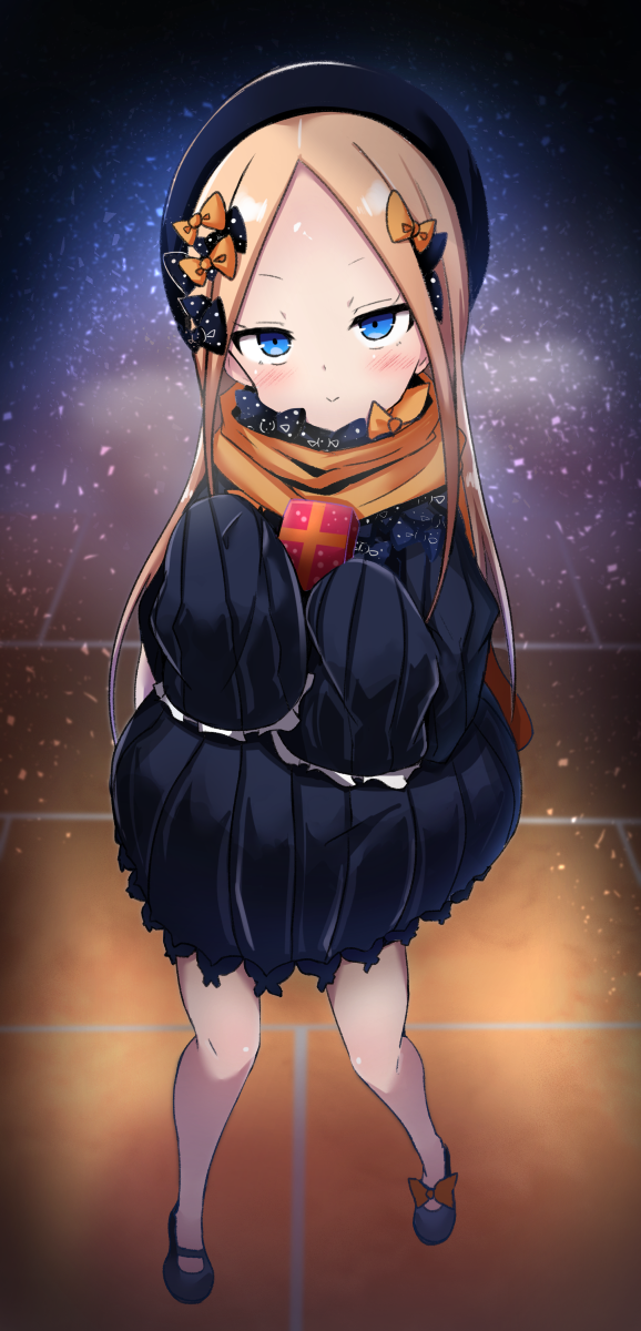 1girl, abigail_williams_(fate/grand_order), bangs, black_bow, black_dress, black_footwear, black_hat, blonde_hair