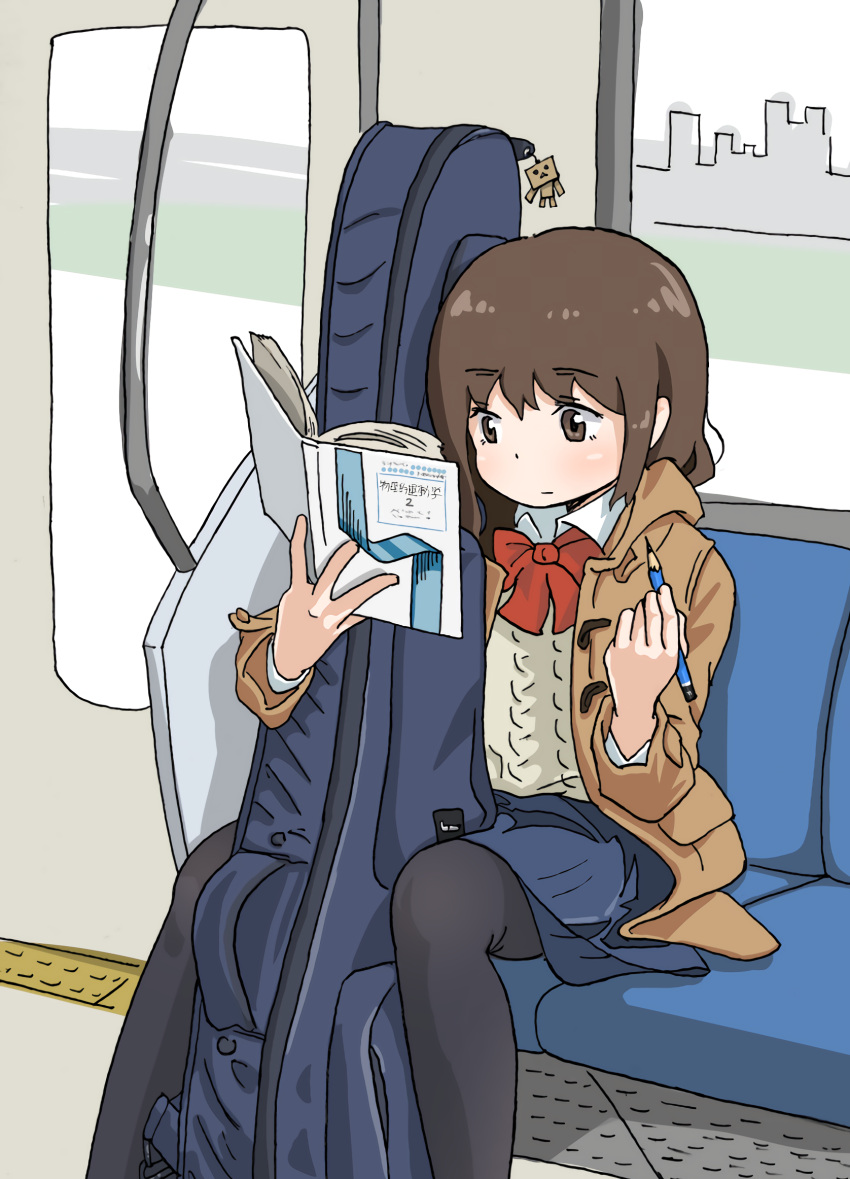 1girl, bag_charm, bass_guitar, book, brown_eyes, brown_hair, charm_(object), commentary, danboo, guitar_case, highres, instrument, instrument_case, jacket, original, pantyhose, pencil, school_uniform, sitting, solo, studying, tariki_fretless, train_interior