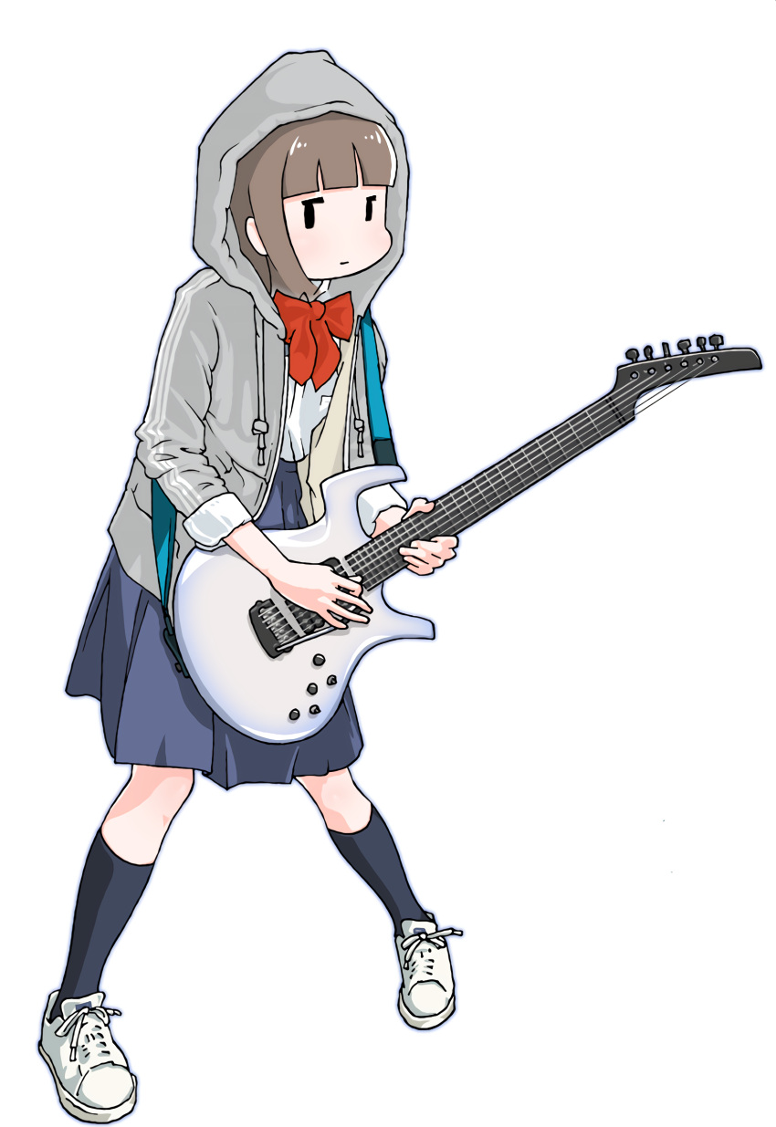1girl, absurdres, bangs, black_legwear, blunt_bangs, bow, brown_hair, commentary