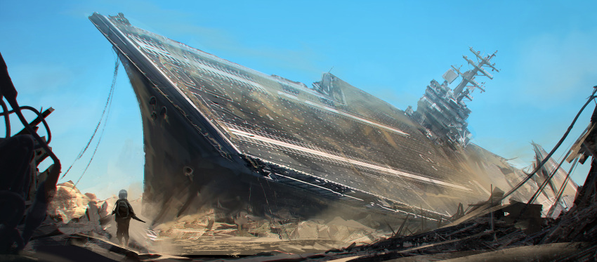 1girl, aircraft_carrier, backpack, bag, blue_sky, day, debris, derivative_work, gun, highres, holding, holding_gun, holding_weapon, jacket, military, military_vehicle, original, outdoors, pants, ruins, scenery, ship, short_hair, sky, solo, standing, sunlight, swav, uss_gerald_r_ford_(cvn-78), very_wide_shot, warship, watercraft, weapon, white_hair