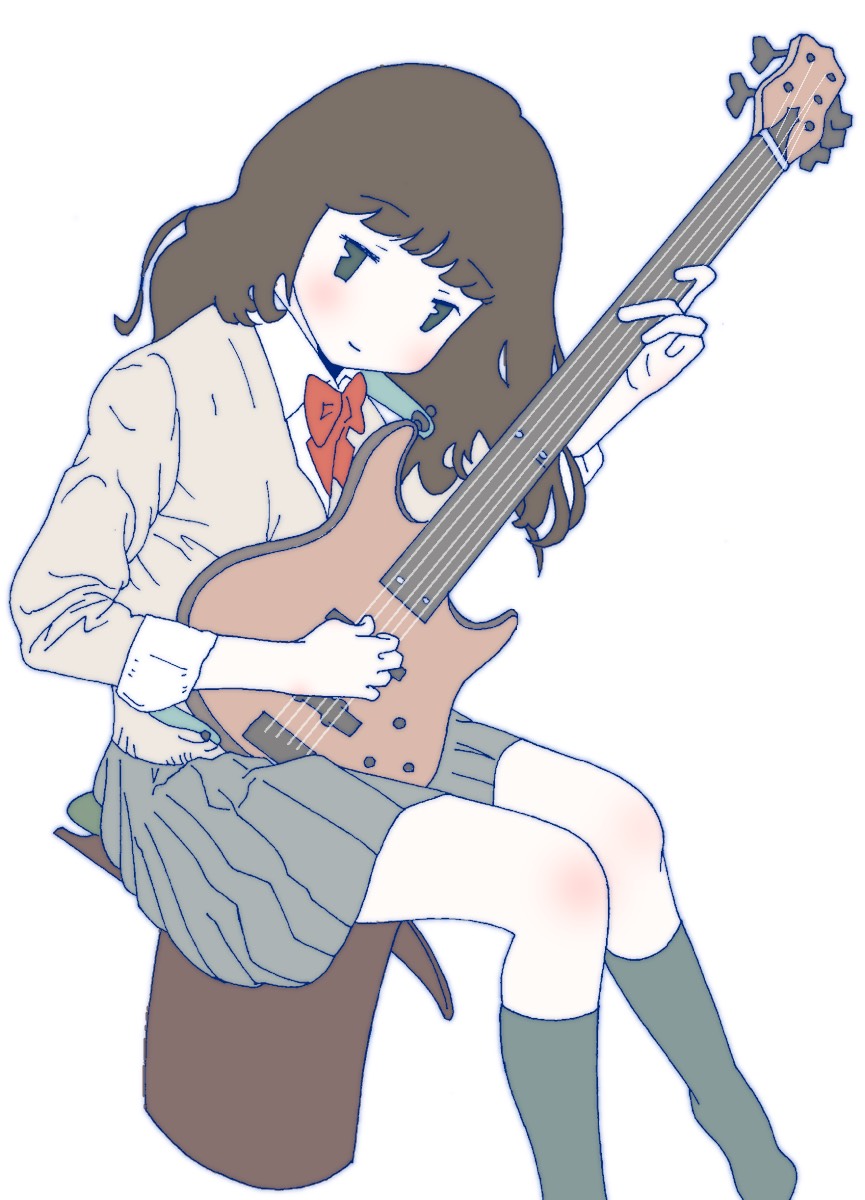 1girl, bass_guitar, black_legwear, blush, bow, brown_hair, commentary, green_eyes