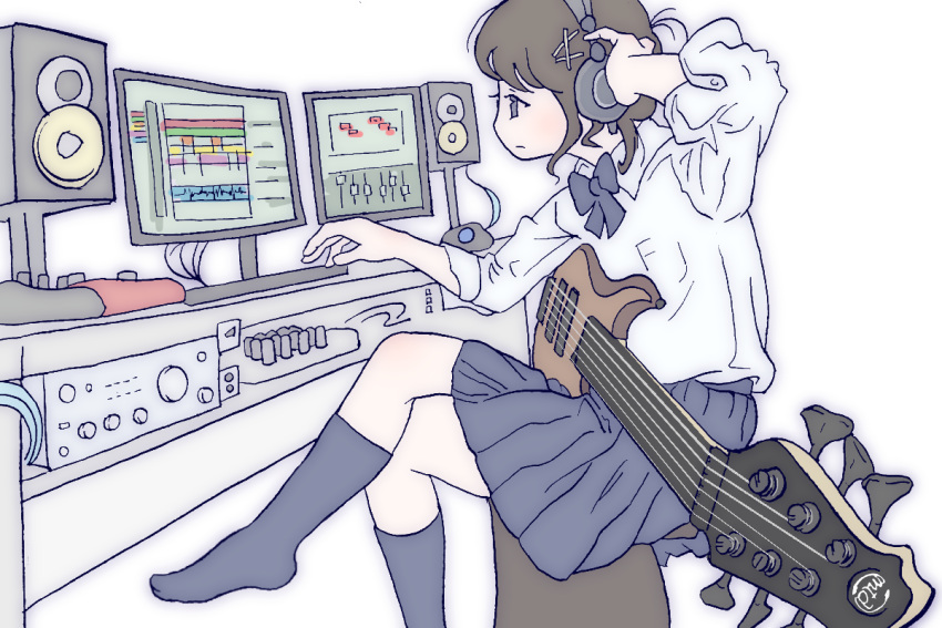 1girl, bass_guitar, black_legwear, blue_eyes, brown_hair, commentary, computer, desk