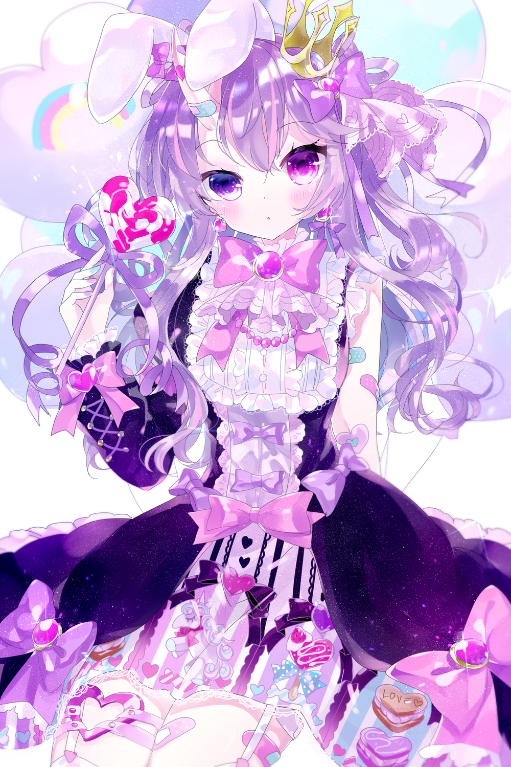1girl, animal_ears, animal_print, ascot, asymmetrical_clothes, asymmetrical_sleeves, balloon, bandaid