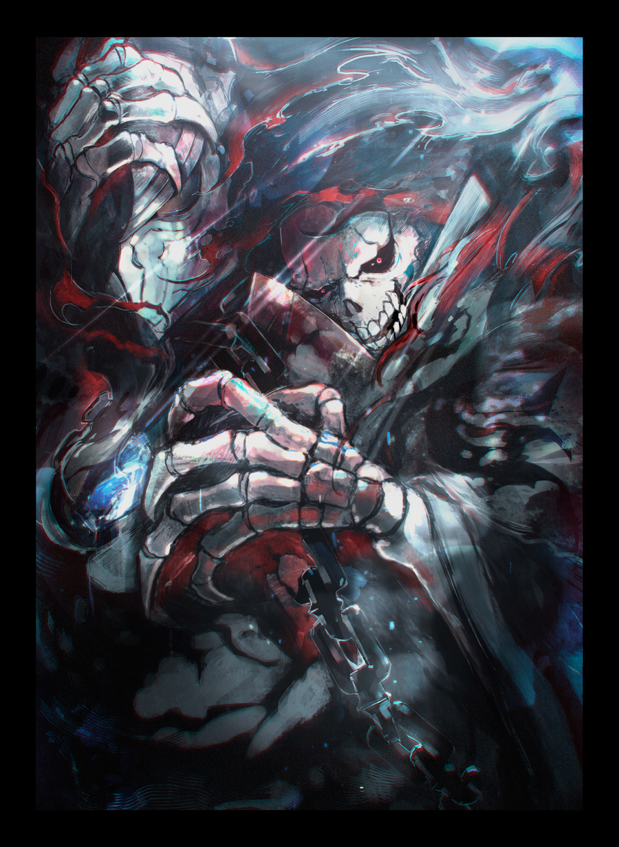 2boys, ainz_ooal_gown, armor, black_border, black_cloak, black_sclera, border, breastplate