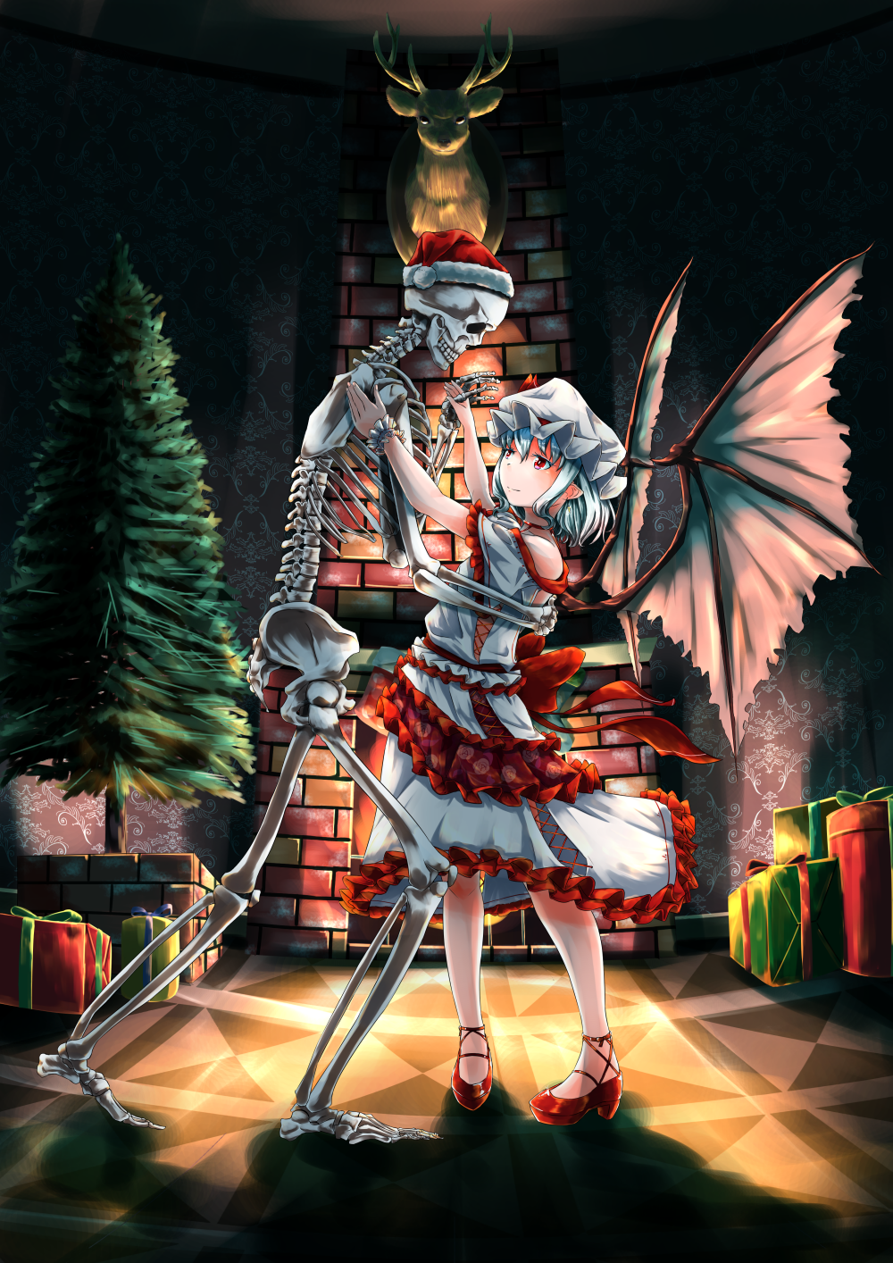 1girl, blouse, box, christmas, christmas_tree, commentary_request, dancing, deer_head