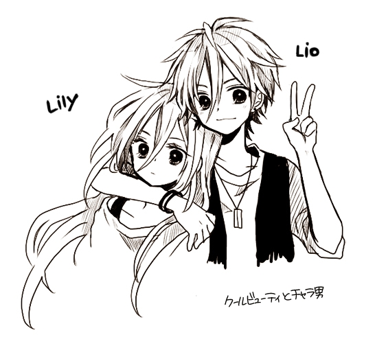 1boy, 1girl, anzu_(o6v6o), arm_around_shoulder, bra_strap, bracelet, character_name, dual_persona, genderswap, genderswap_(ftm), greyscale, hair_between_eyes, jewelry, lily_(vocaloid), lio_(vocaloid), long_hair, looking_at_viewer, monochrome, pendant, shirt, smile, translation_request, upper_body, v, vest, vocaloid
