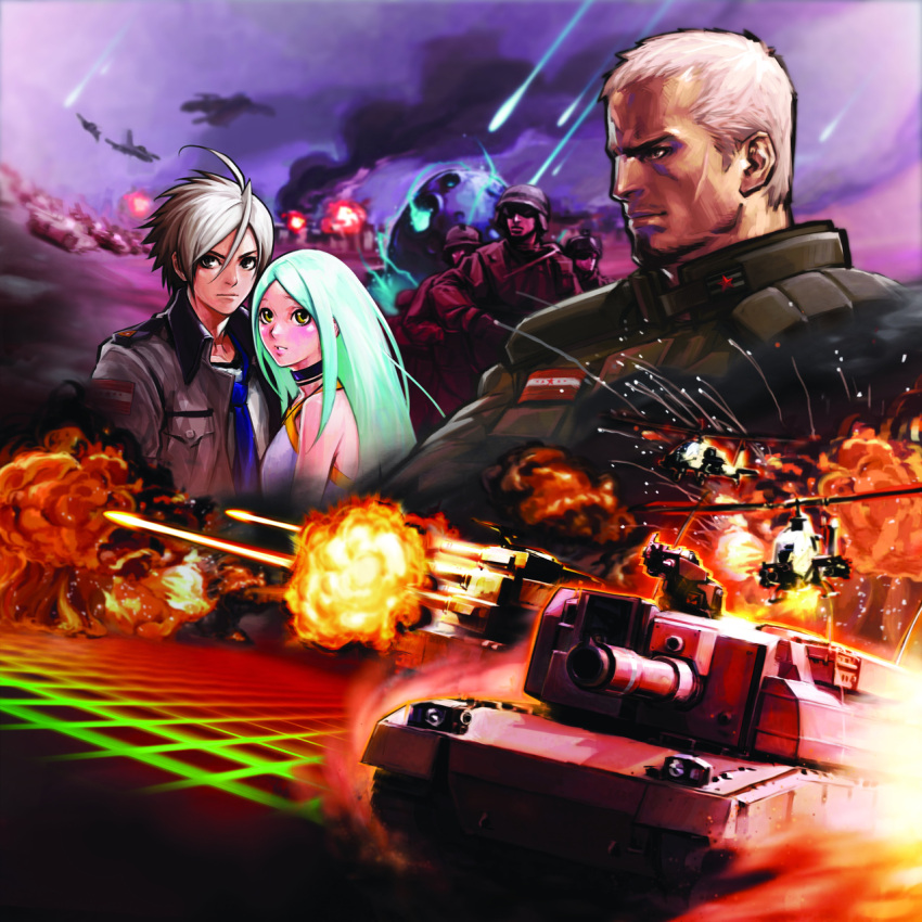 advance_wars:_days_of_ruin, airplane, brenner, choker, coat, explosion, green_hair, helicopter