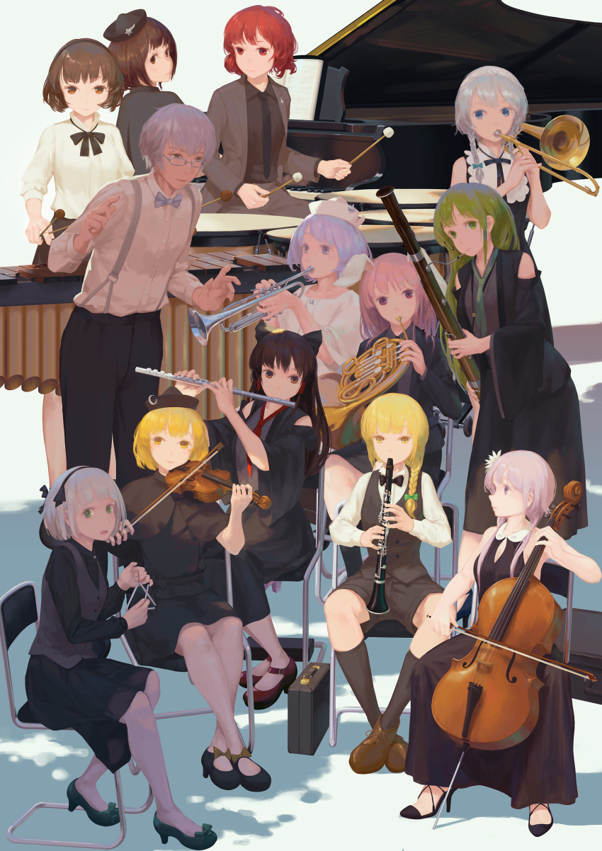 1boy, 6+girls, absurdres, alternate_costume, alternate_hairstyle, bassoon, black_dress, black_footwear