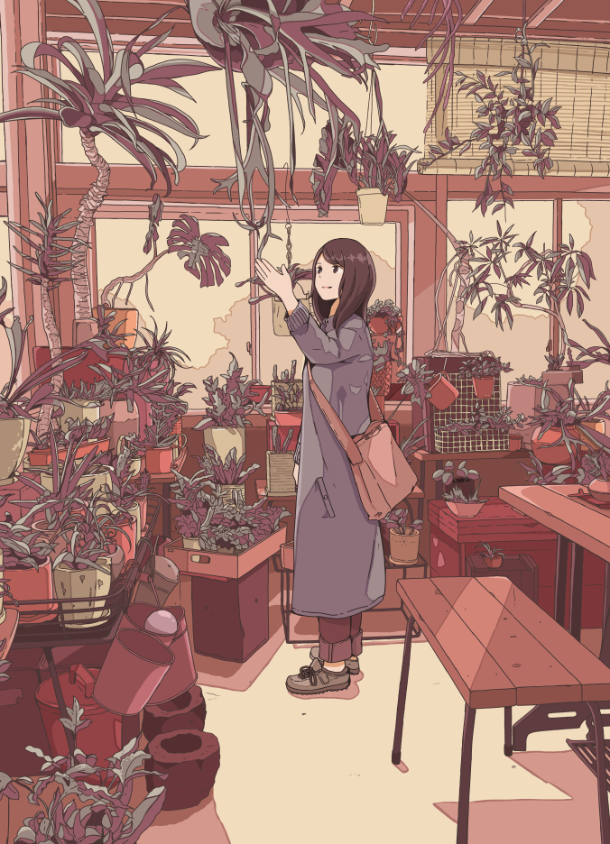 1girl, 456, arm_up, bag, bamboo_screen, bench, black_eyes, black_hair