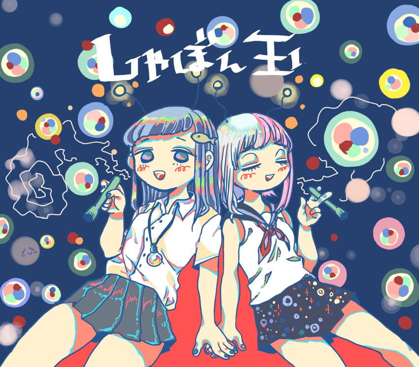 2girls, antennae, aqua_nails, ascot, blue_hair, blush, closed_eyes, collared_shirt