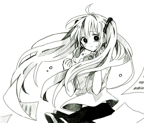 1girl, ahoge, anzu_(o6v6o), bangs, broken_headphones, crying, frown, greyscale