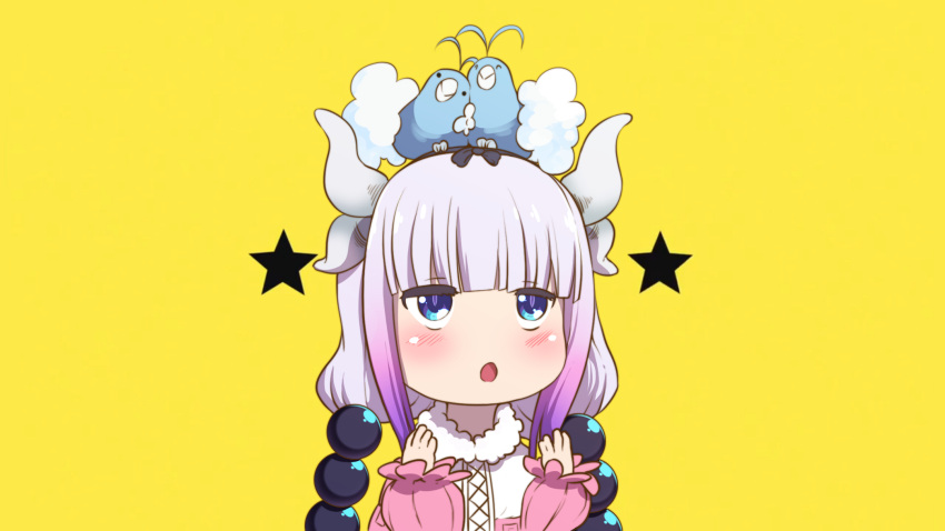 1girl, :o, animal, animal_on_head, bangs, bird, bird_on_head, blue_eyes