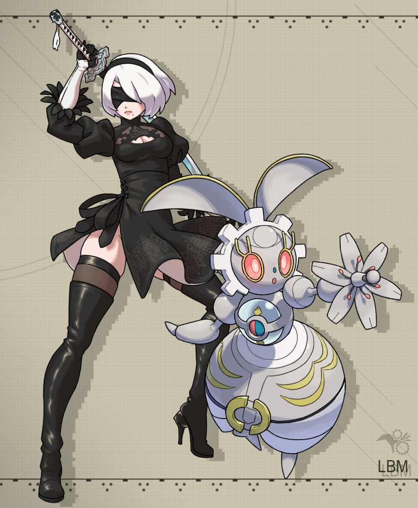 1girl, android, arm_up, black_blindfold, black_dress, black_gloves, black_hairband, black_legwear