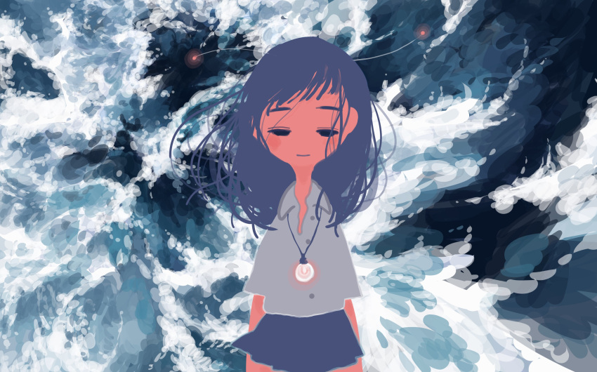 1girl, abstract_background, absurdres, antennae, bangs, blue_hair, blue_skirt, blush