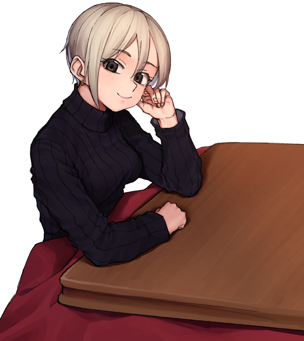 1girl, bangs, black_eyes, black_sweater, closed_mouth, commentary_request, earrings, elbow_rest