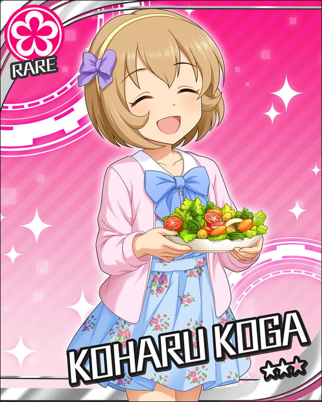 blush, brown_eyes, brown_hair, character_name, dress, idolmaster, idolmaster_cinderella_girls, koharu_koga, short_hair, smile, stars