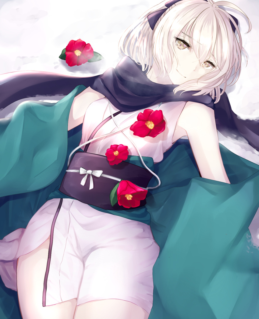 1girl, black_bow, black_scarf, bow, brown_eyes, cowboy_shot, eyebrows_visible_through_hair, fate_(series)