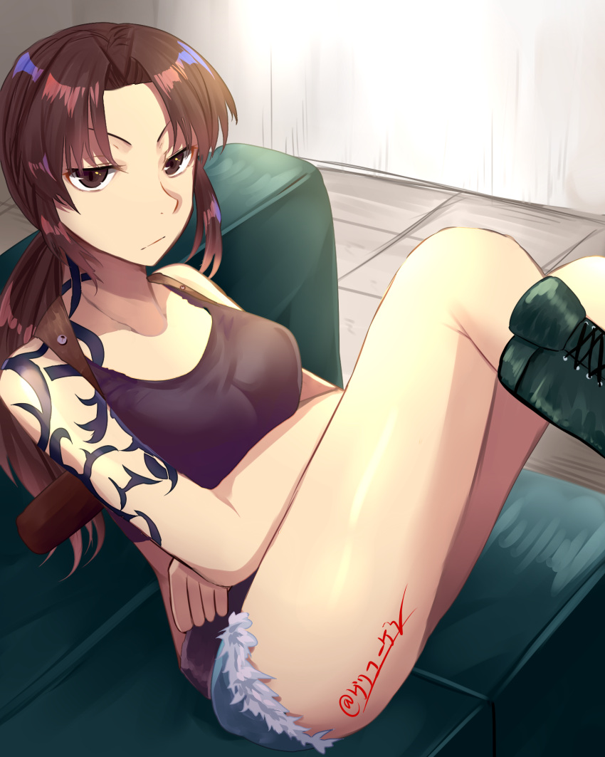 1girl, black_lagoon, black_shirt, blue_shorts, breasts, brown_eyes, brown_hair, collarbone