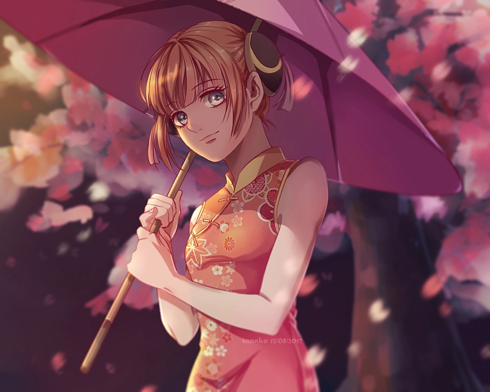 1girl, artist_name, blurry, blurry_background, brown_hair, cherry_blossoms, floral_print, gintama