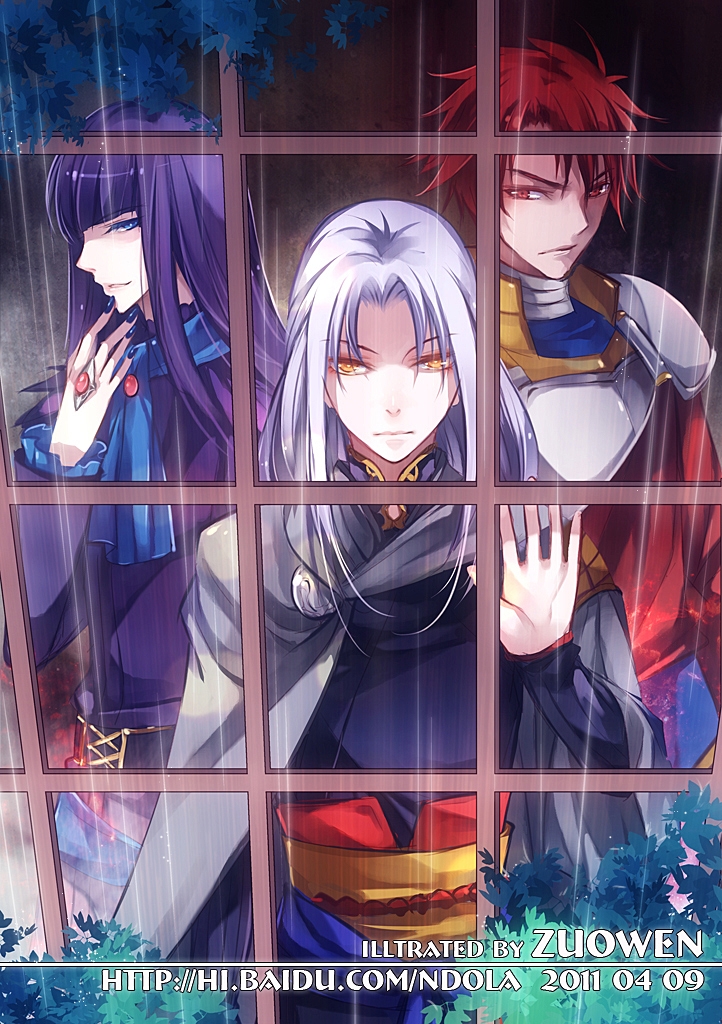 2011, 3boys, artist_name, bangs, black_nails, blue, blue_eyes, blunt_bangs, breastplate, cape, claugh_klom, densetsu_no_yuusha_no_densetsu, from_outside, grey_cape, long_hair, looking_at_viewer, milan_froward, multiple_boys, nail_polish, necktie, purple_hair, rain, red_eyes, redhead, shoulder_armor, silver_hair, sion_astal, spaulders, watermark, web_address, yellow_eyes, zuowen
