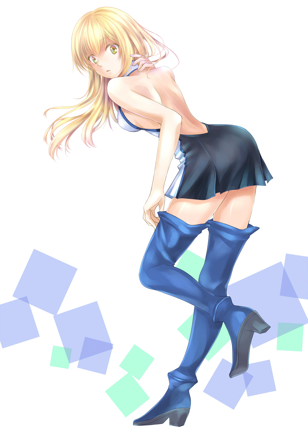 1girl, aiz_wallenstein, black_dress, blonde_hair, blue_footwear, boots, breasts, brown_eyes, dress, dungeon_ni_deai_wo_motomeru_no_wa_machigatteiru_darou_ka, eyebrows_visible_through_hair, floating_hair, full_body, gikuta, highres, leaning_forward, leg_up, long_hair, looking_at_viewer, medium_breasts, parted_lips, shiny, shiny_skin, short_dress, sideboob, simple_background, sleeveless, sleeveless_dress, solo, standing, standing_on_one_leg, thigh-highs, thigh_boots, white_background, zettai_ryouiki