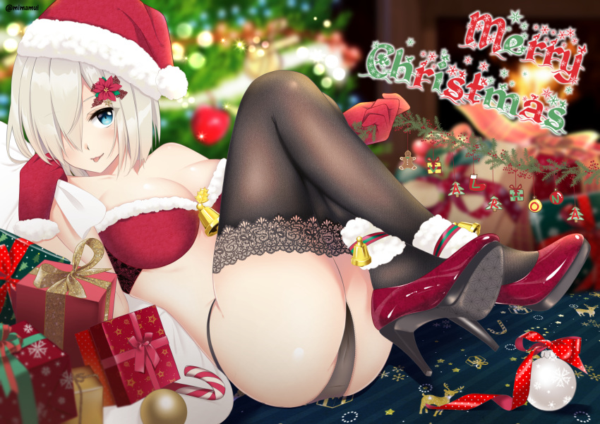 1girl, ass, bell, black_legwear, black_panties, blurry, blurry_background, bra