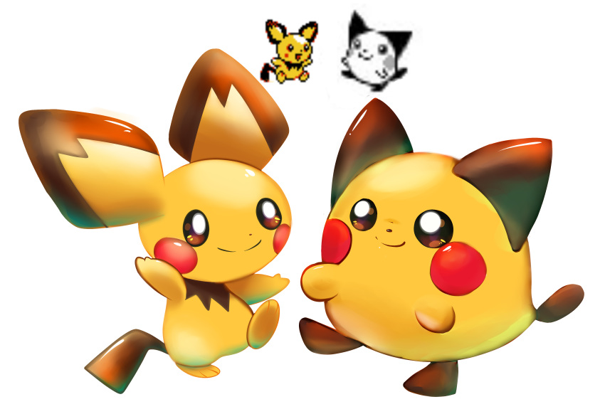 absurdres, baby_pokemon, beta_pokemon, blush_stickers, closed_mouth, commentary, creature, creatures_(company), english_commentary, eye_contact, game_freak, gen_2_pokemon, happy, highres, looking_at_another, nintendo, no_humans, pichu, pichu_(beta), pokemon, pokemon_(creature), pokemon_(game), pokemon_gsc, pokemon_gsc_beta, smile, sprites, standing, standing_on_one_leg, transparent_background, wabatte-meru, white_background