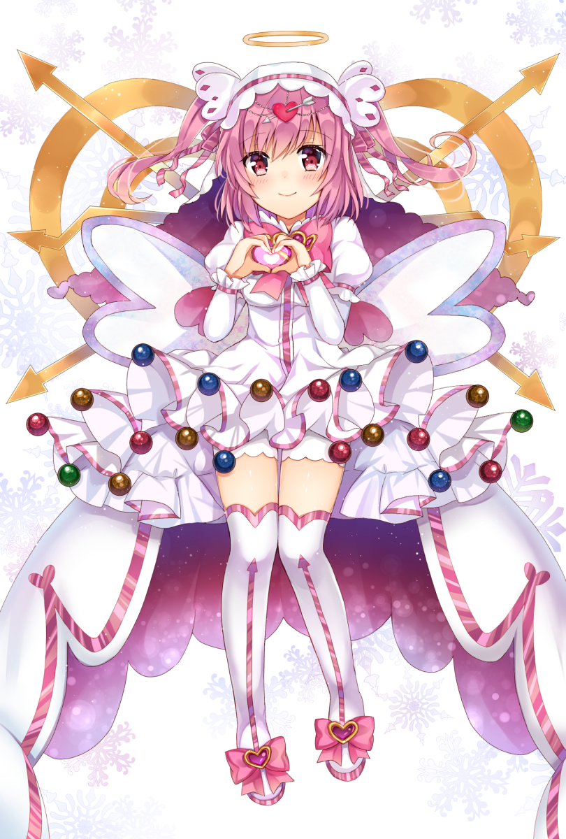 1girl, arrow_through_heart, bangs, blush, boots, bow, bowtie, breasts