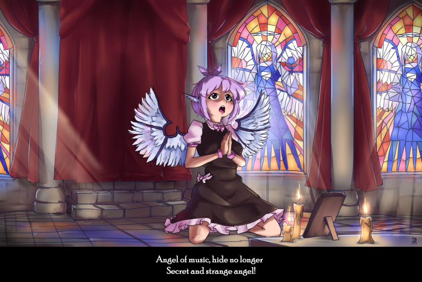 1girl, animal_ears, bird_ears, brown_dress, candle, david_hrusa, dress, english_text