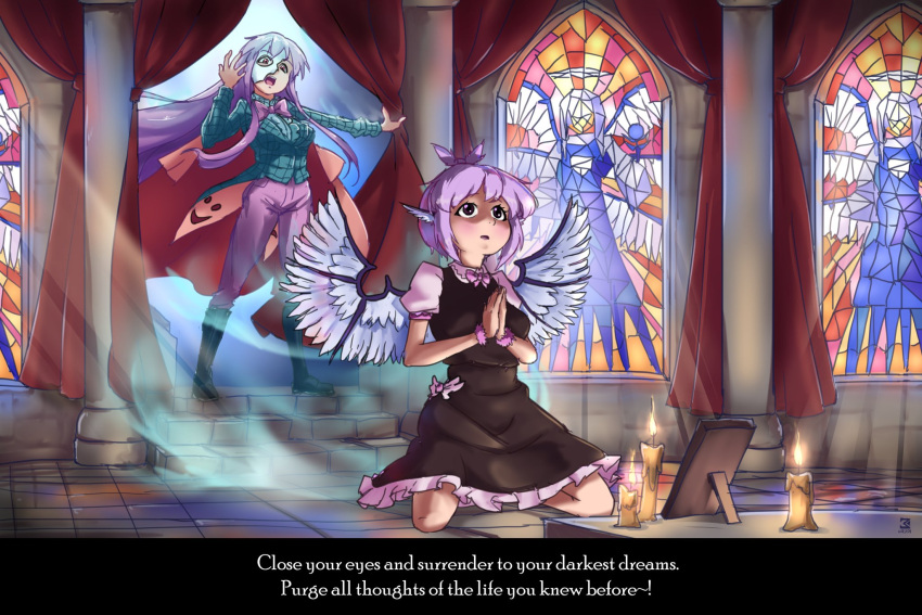 2girls, adapted_costume, animal_ears, bird_ears, boots, bow, bowtie, brown_dress