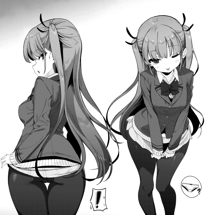!, 1girl, ;p, ?, ass, blazer, bow, bowtie