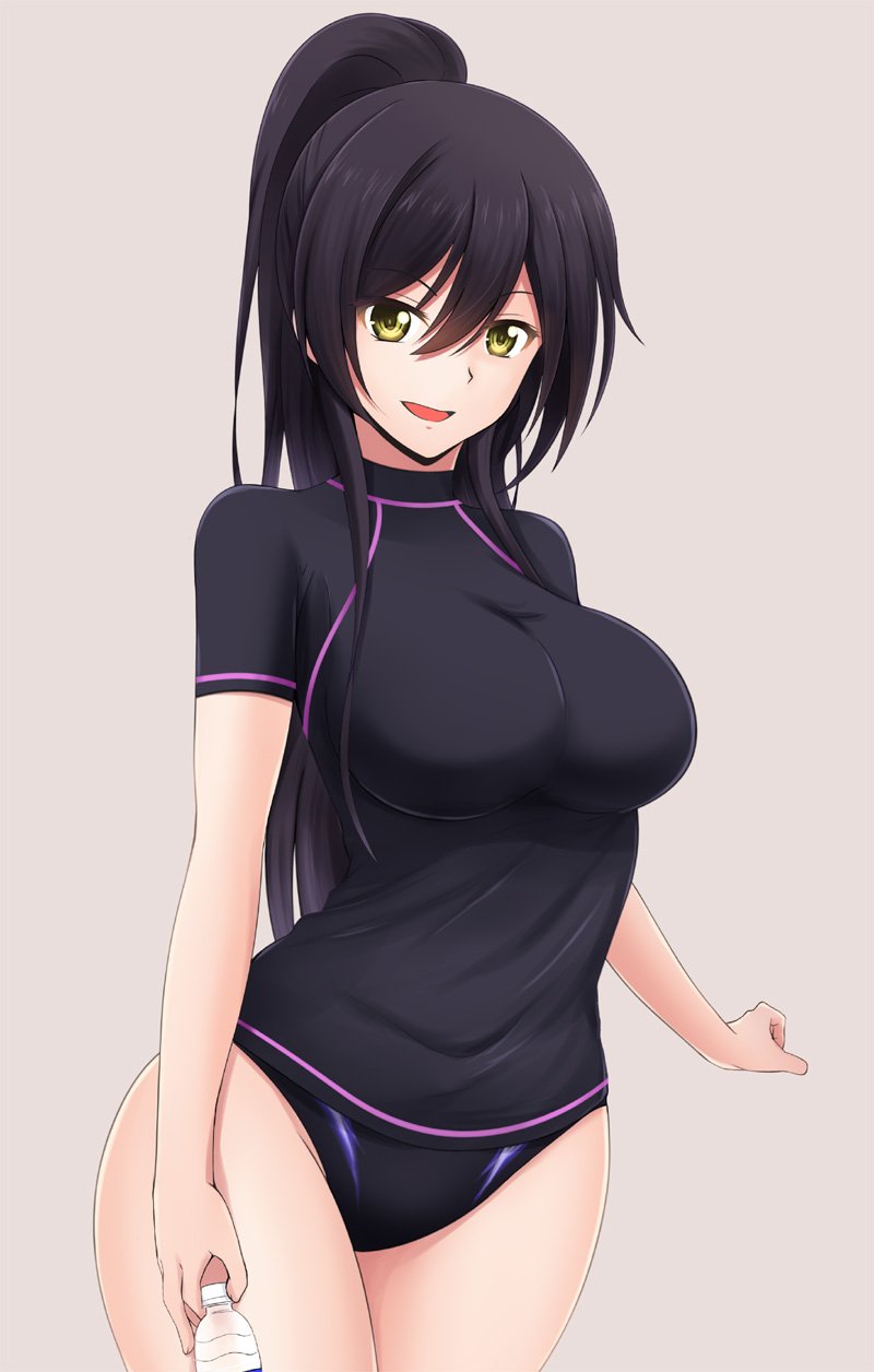 1girl, black_hair, black_shirt, black_swimsuit, bottle, competition_swimsuit, cowboy_shot, fuuma_nagi
