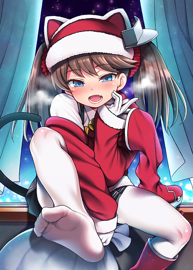 alternate_costume, bell, blue_eyes, boots, brown_hair, cat_tail, curtains, fang