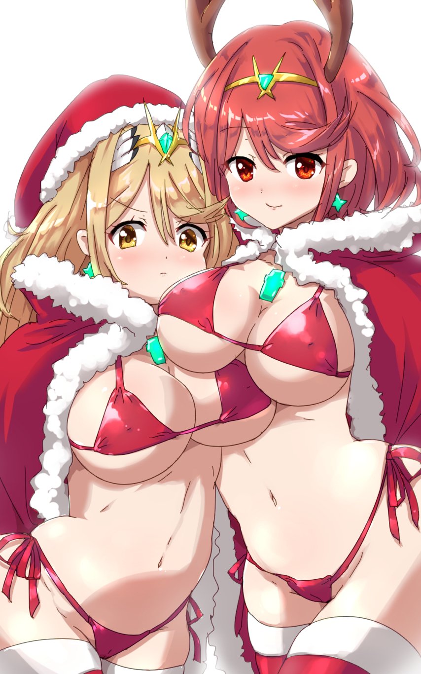 2girls, bare_shoulders, bikini, blonde_hair, blush, breasts, christmas, gloves, hat, highres, mythra_(xenoblade), pyra_(xenoblade), long_hair, looking_at_viewer, merry_christmas, multiple_girls, nintendo, nke_toumi, santa_costume, santa_hat, short_hair, simple_background, smile, swimsuit, xenoblade_(series), xenoblade_2, yellow_eyes