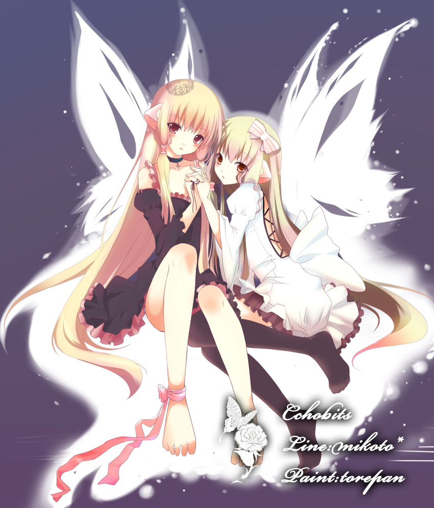 absurdres, bare_shoulders, barefoot, black_legwear, blonde_hair, butterfly, chii, chobits, choker, cleavage_cutout, cross, crown, detached_sleeves, dress, dribble, flower, freya, frilled_dress, frills, hair_ribbon, highres, holding_hands, jewelry, knees, long_hair, looking_at_viewer, multiple_girls, nana_mikoto, necklace, red_dress, ribbon, robot_ears, rose, siblings, sisters, thigh-highs, thighhighs, toreban, twins, white_dress, white_rose, wings