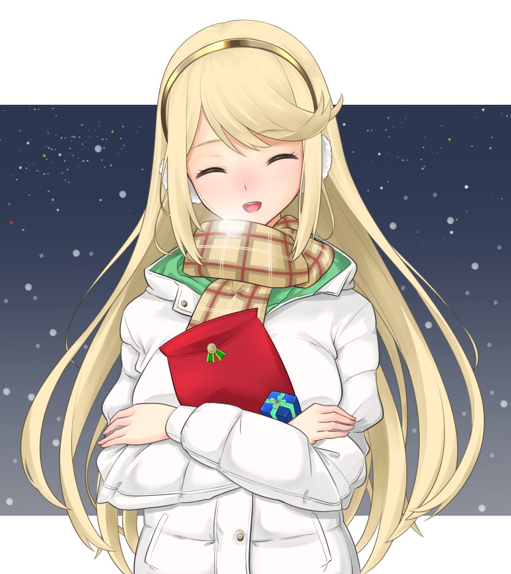 1girl, bangs, blonde_hair, blush, closed_eyes, coat, dolling60883582, earmuffs
