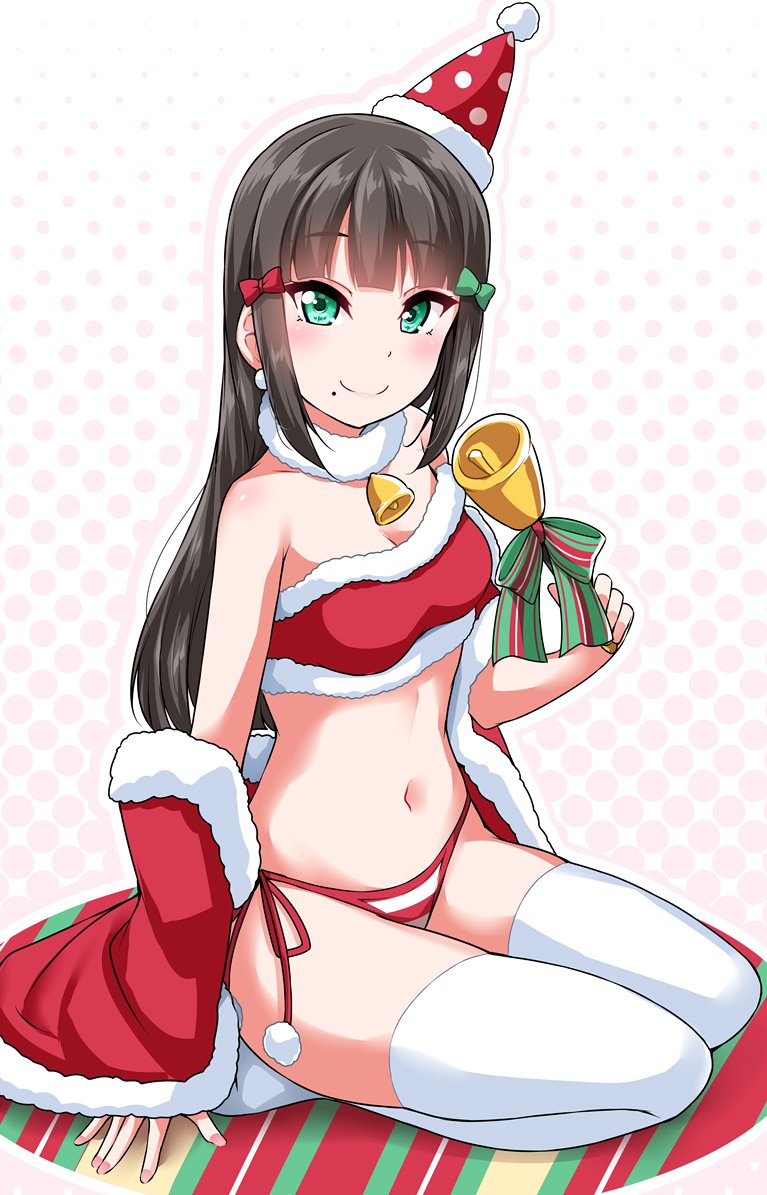 1girl, bangs, bell, bikini, black_hair, blush, bow, capelet