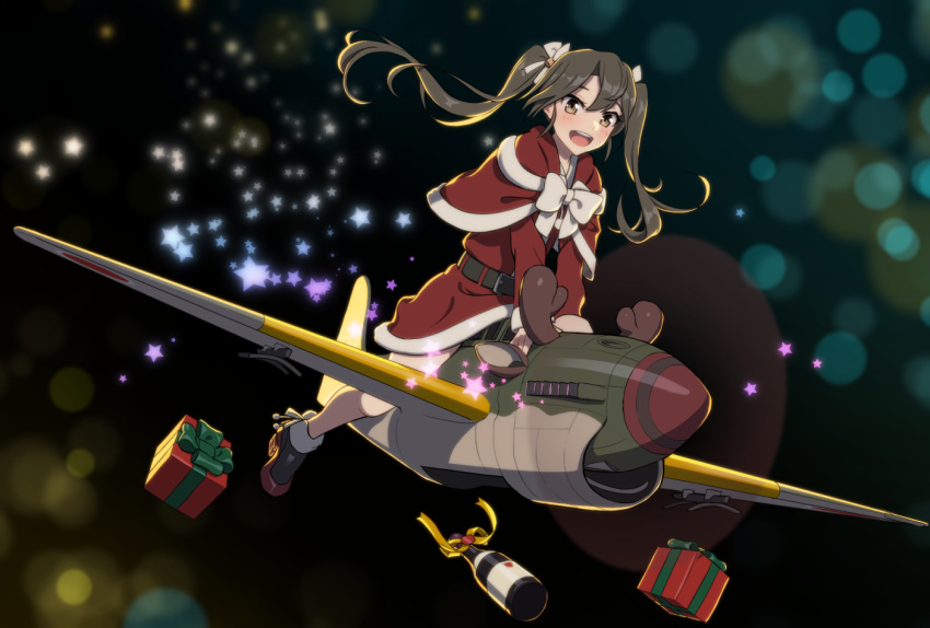 1girl, aircraft, airplane, antlers, belt, blush, bottle, box