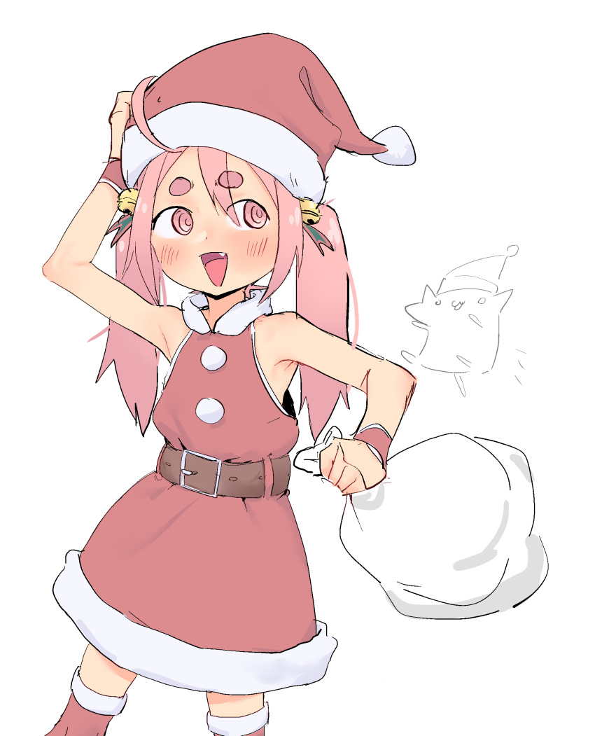 1girl, al_bhed_eyes, armpits, belt, blush, christmas, commentary, edisonabismo