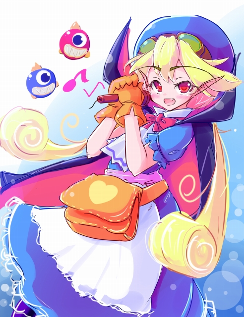 1girl, apron, bag, blonde_hair, blue_hat, bow, cape, commentary_request